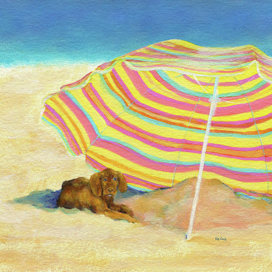 Cute dog relaxing at the beach Painting by Karen Kaspar