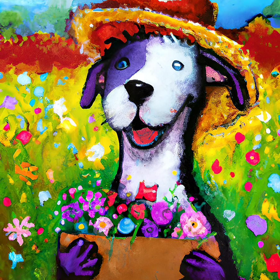 Cute Dog with Hat and Flowers Bouquet Digital Art by Amalia Suruceanu
