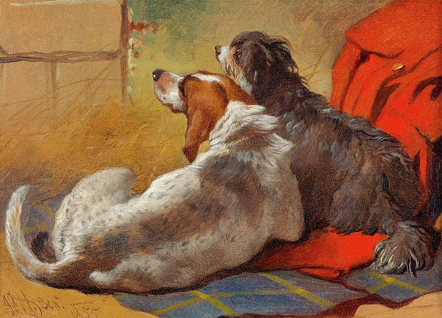 Cute Dogs A Hound and a Bearded Collie seated on a Hunting Coat Painting by John Frederick Herring