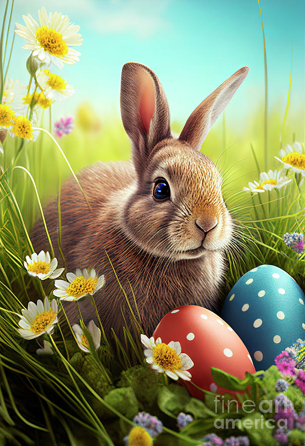 Cute easter bunny in grass and daisy flowers nest with colorful  Digital Art by Jelena Jovanovic