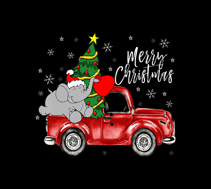 Cute Elephant Truck Merry Christmas Animal Lover Xmas T-shirt Drawing