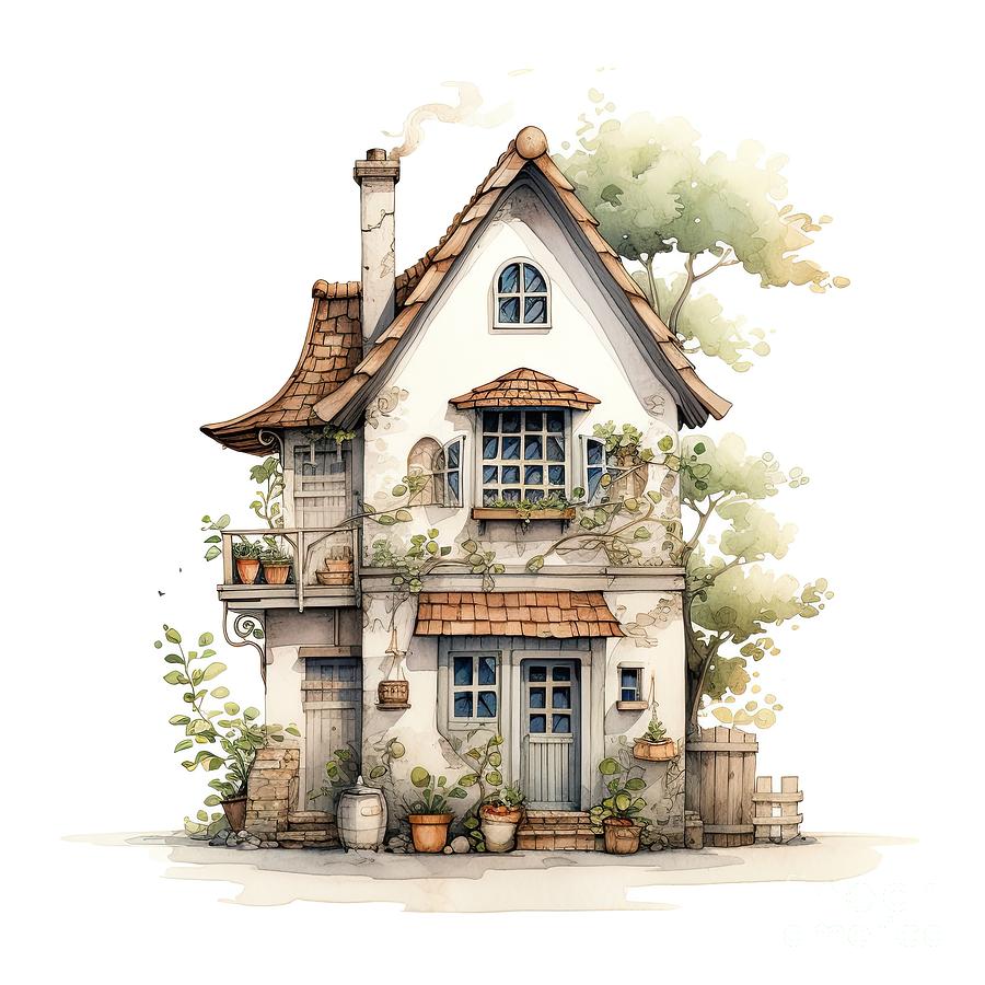 Cute fairytale cottage digital illustration. Charming stone cottage in the woods, with climbing plants, watercolour over white background. Photograph by Jane Rix