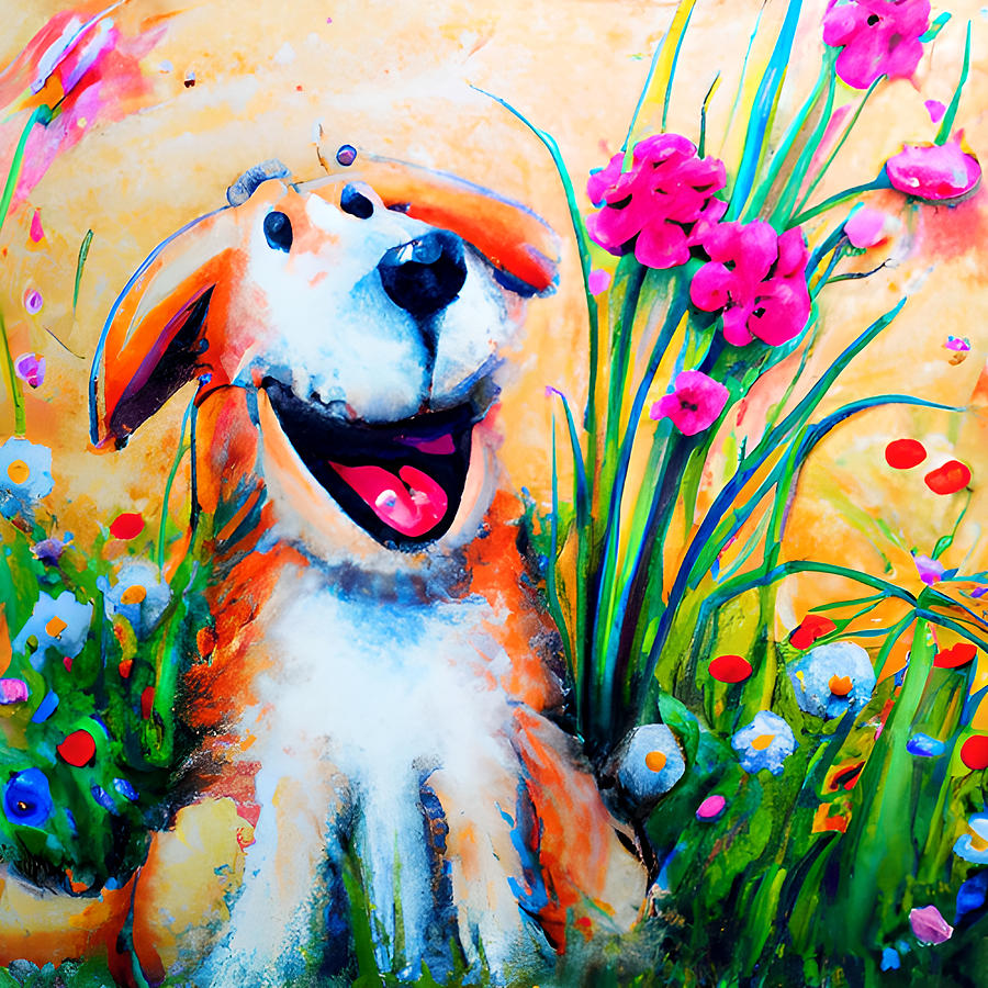 Cute Fantasy Dog with Flowers Bouquet  Digital Art by Amalia Suruceanu
