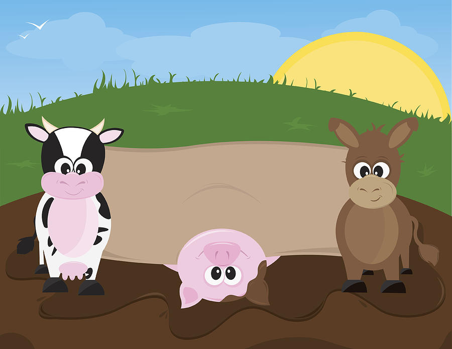 Cute Farm Animals with Banner for Your Text Drawing by LifePointGraphics
