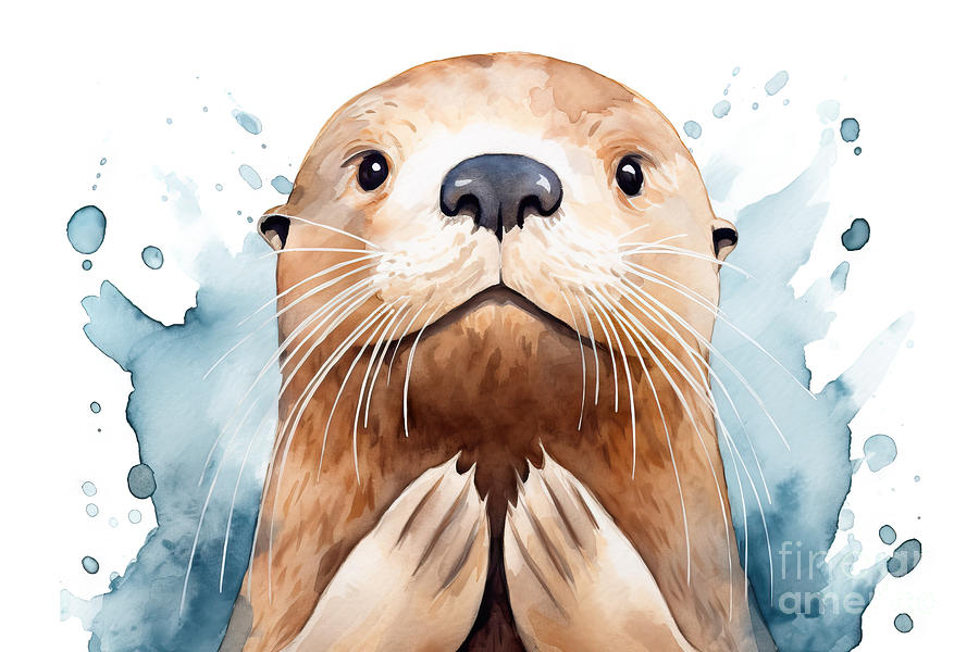 Otter Painting - Cute Fluffy Little Sea Otter Enhydra Lutris Character Looking At by N Akkash