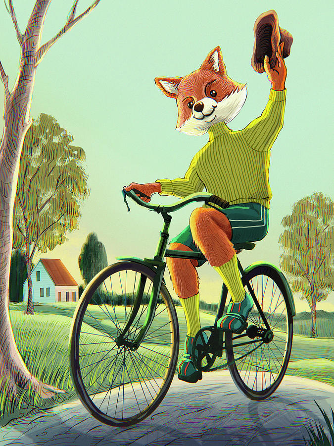 Cute fox riding an old bike Digital Art by Homero Samayoa Fine Art