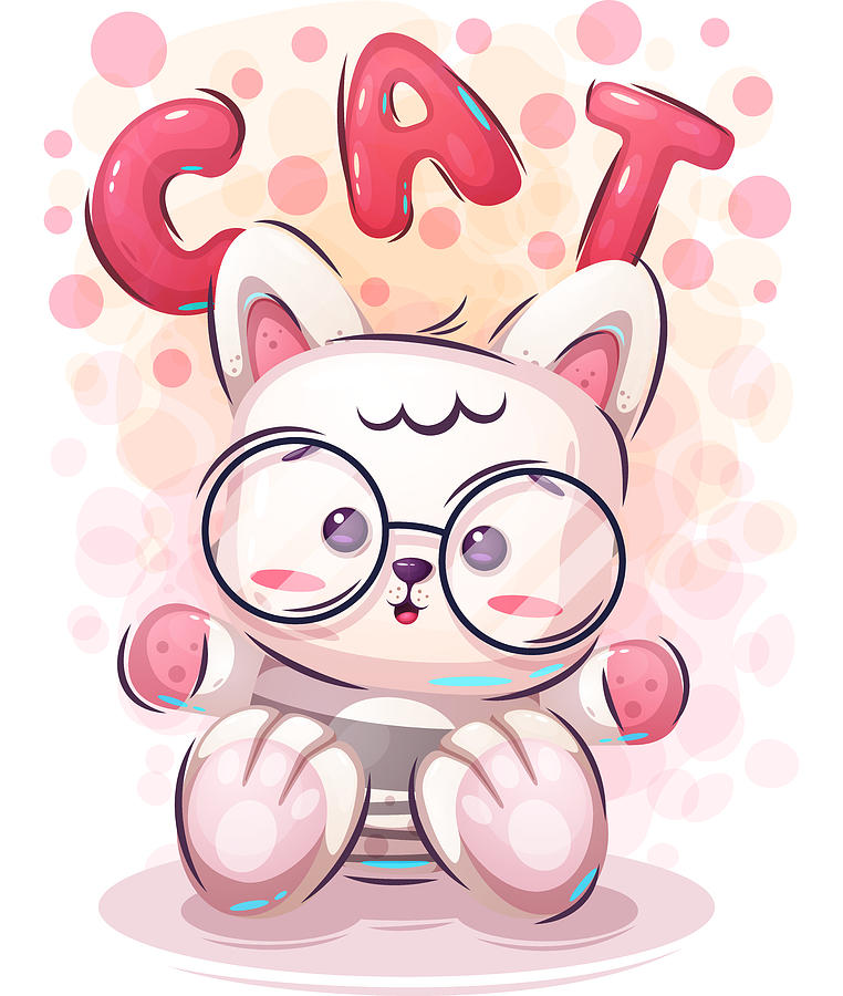 Animal Digital Art - Cute Funny Cartoon Cat Character Pink Animal Illustration by Sweet Birdie Studio