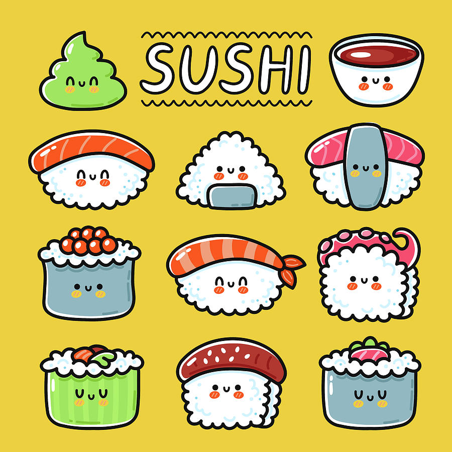Cute funny happy sushi maki rolls cartoon seamless pattern Drawing ...