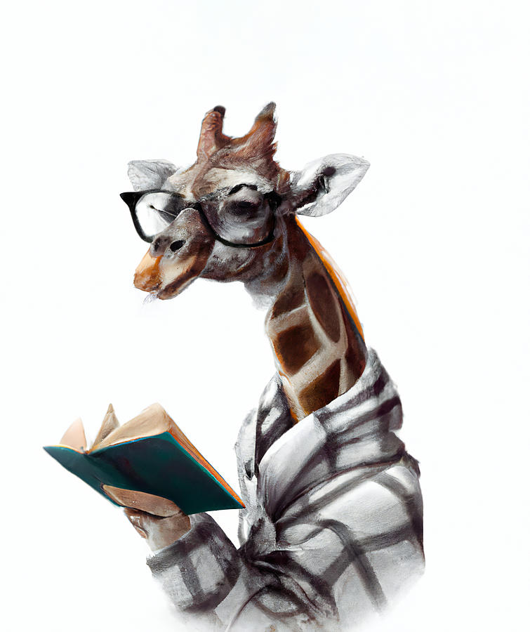 Cute Giraffe Reading A Book Funny Animals Art Digital Art by StellArt