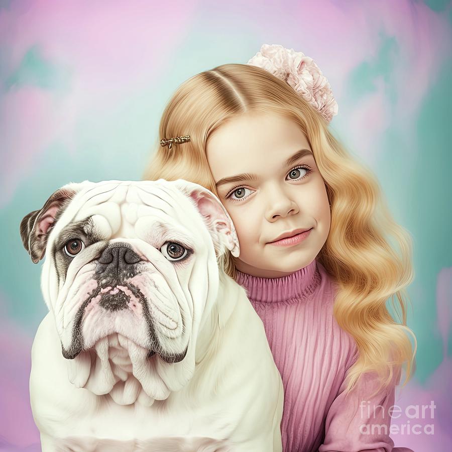 Cute girl and Bulldog pastel portrait Painting by Vincent Monozlay