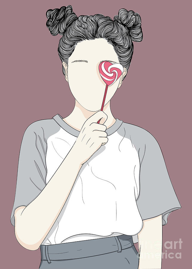 Cute Girl Holding A Candy - Line Art Graphic Illustration Artwork Digital Art by Sambel Pedes