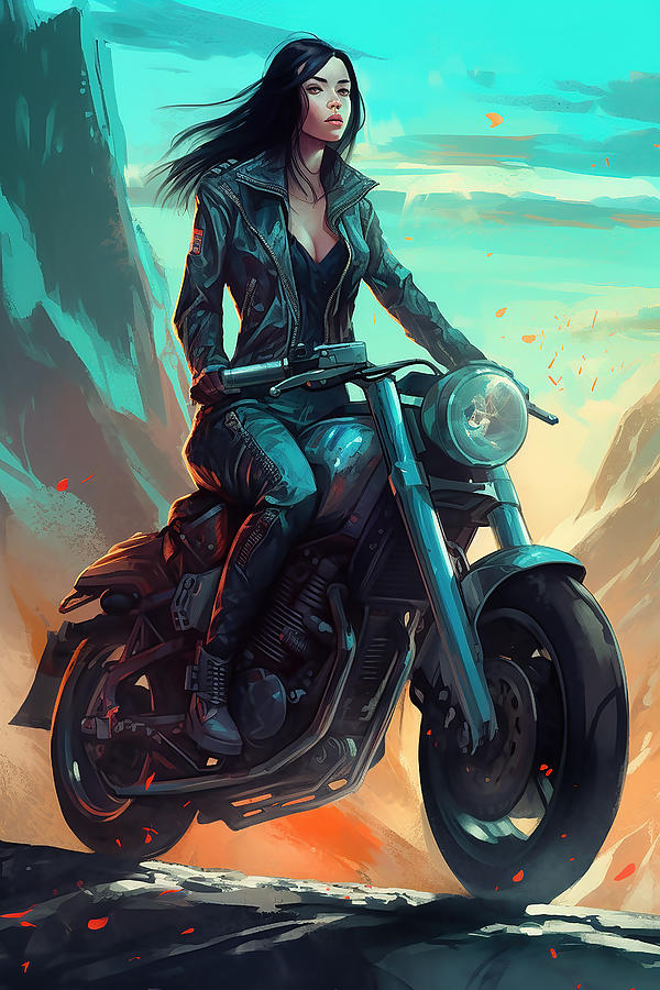 Cute girl with black hair riding motorcycle Digital Art by Jim Brey ...