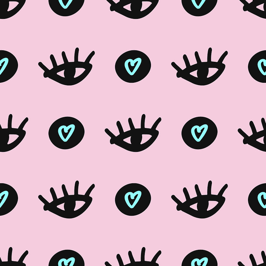 Cute Girly Seamless Pattern With Doodle Eyes And Hearts Drawing