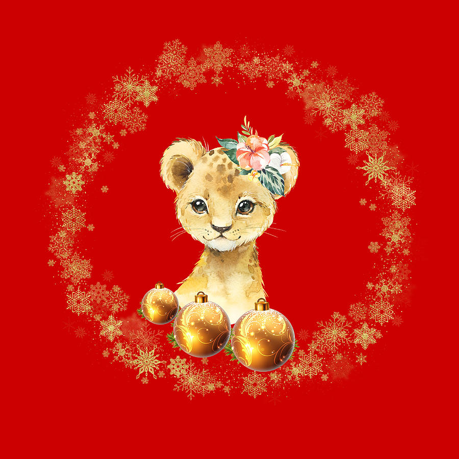 Cute Golden Theme With A Lion Cub Mixed Media by Johanna Hurmerinta