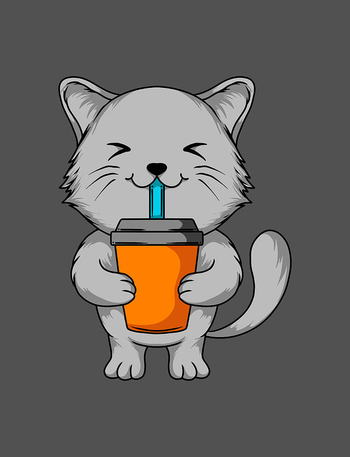 Cute Grey Cat Drinking Digital Art by Sambel Pedes