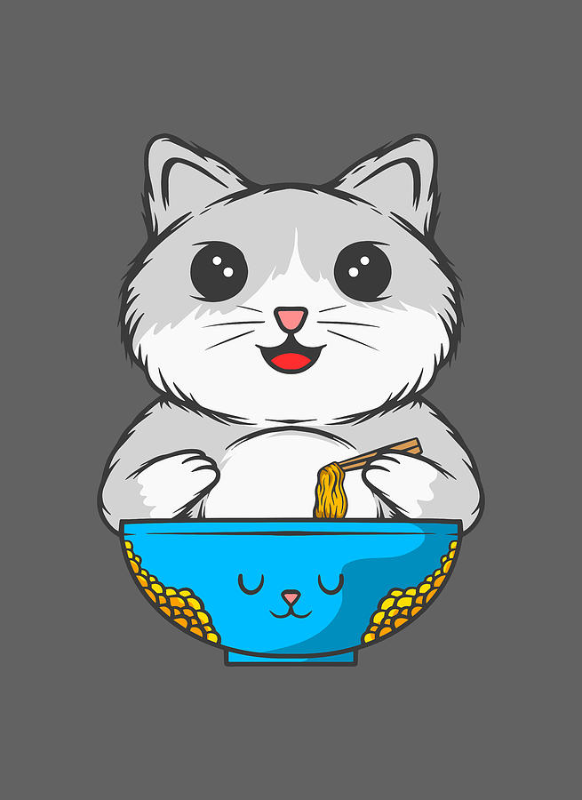Cute Grey Cat Eating Noodles Digital Art by Sambel Pedes