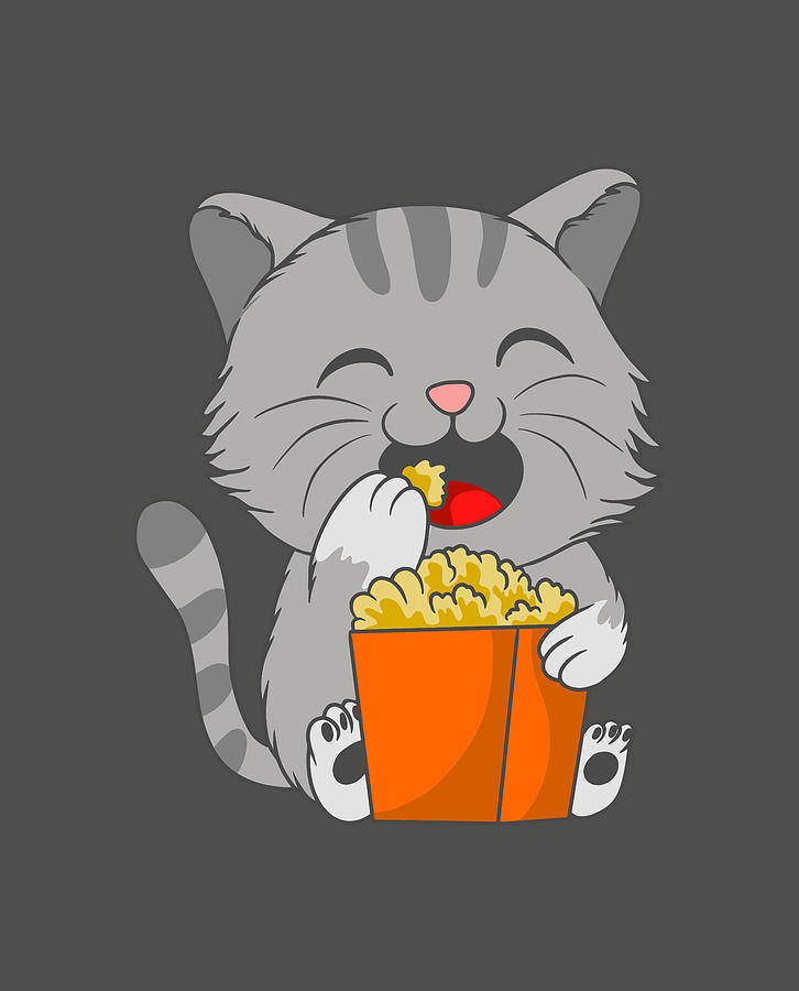 Cute Grey Cat Eating Popcorn Digital Art by Sambel Pedes
