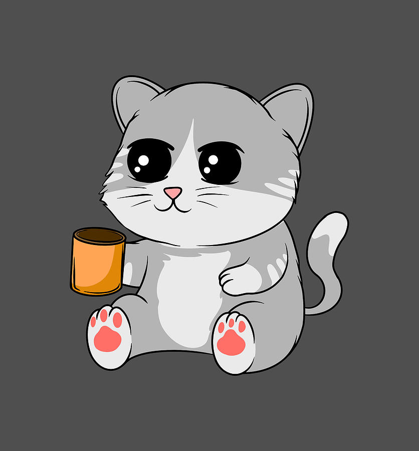 Cute Grey Cat Holding A Cup Digital Art by Sambel Pedes