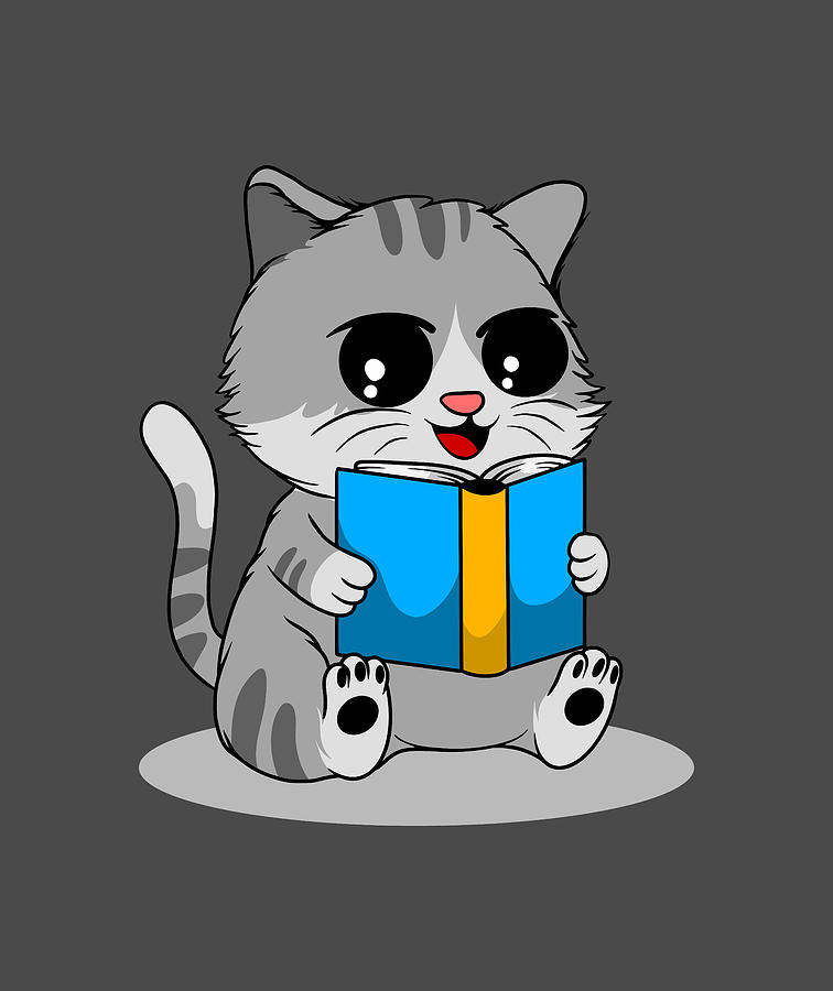 Cute Grey Cat Reading A Book Digital Art by Sambel Pedes