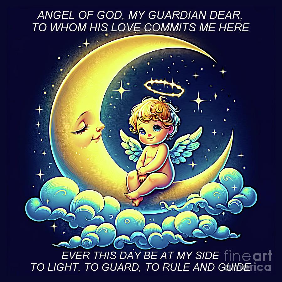 Cute Guardian Angel Cherub and a Moon Expressionistic Effect Digital Art by Rose Santuci-Sofranko