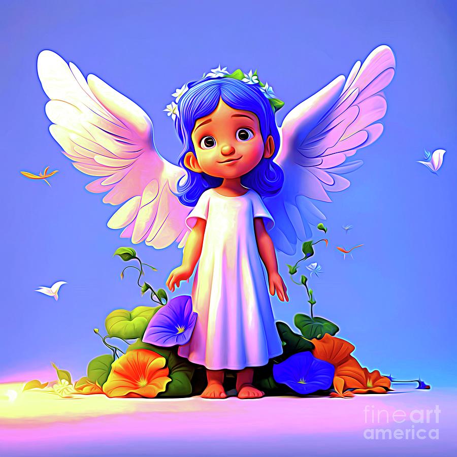 Cute Guardian Angel with Morning Glories Abstract Expressionism Digital Art by Rose Santuci-Sofranko