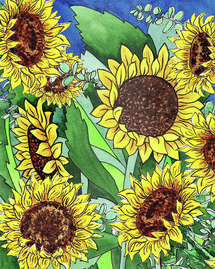 Cute Happy Sunflowers Watercolor Flower Field   Painting by Irina Sztukowski