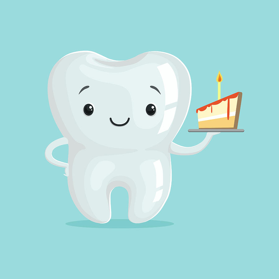 Cute healthy white cartoon tooth character with piece of cake, childrens dentistry concept vector Illustration Drawing by TopVectors