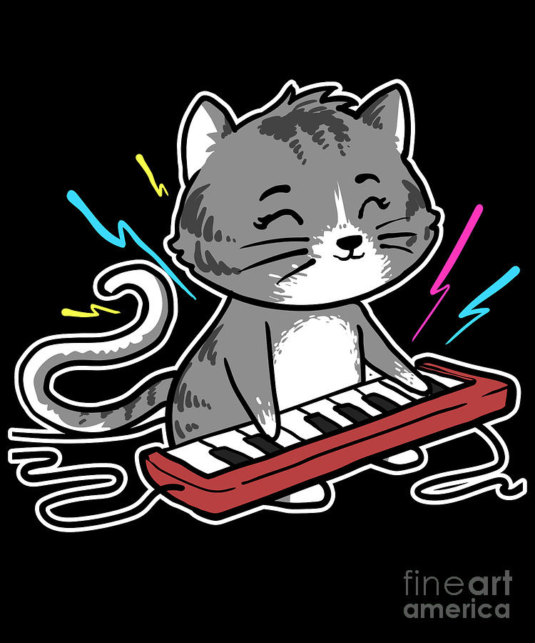 Cute Kawaii Cat Playing Keyboard Piano Cat Lover Digital Art by J M