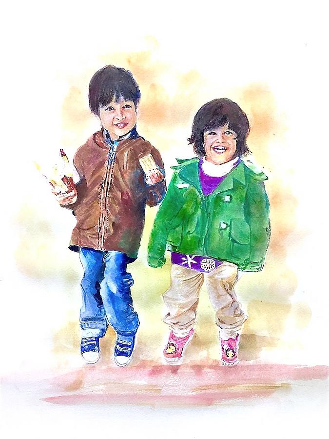 Cute Kids Painting by Khalid Saeed