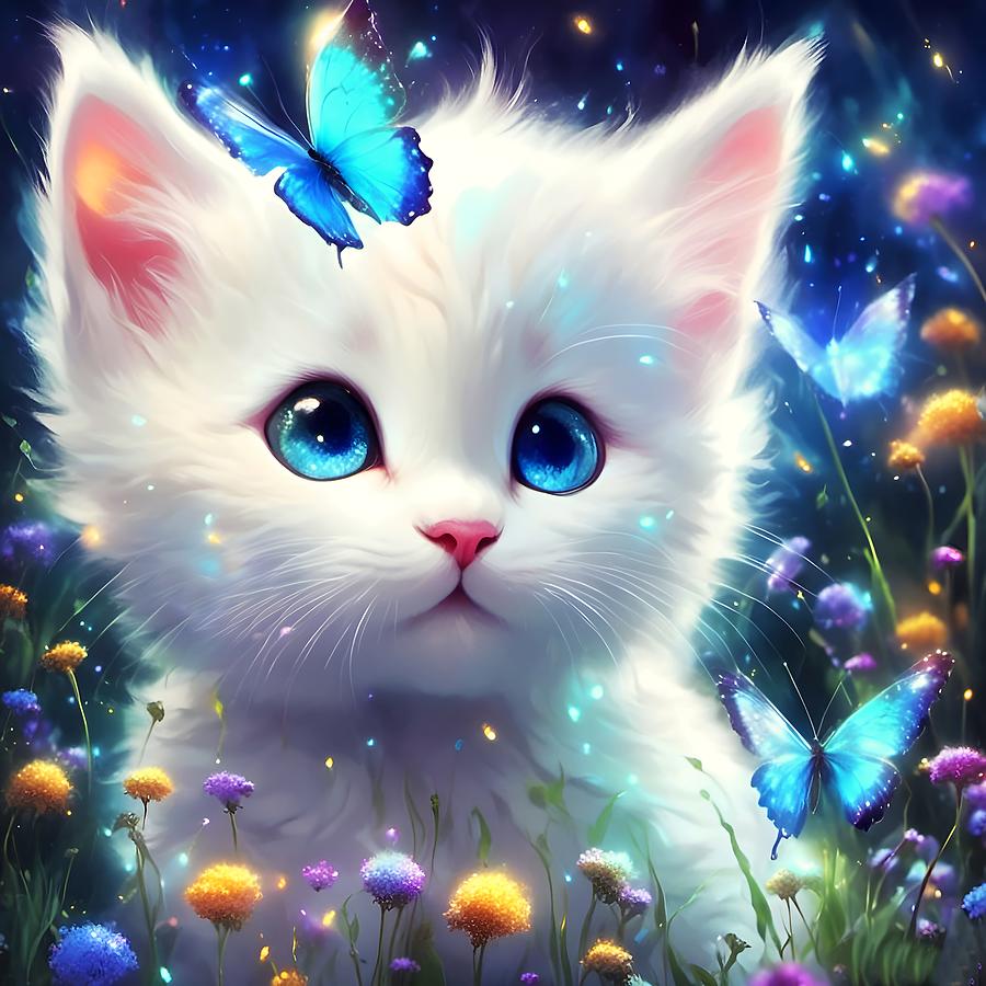 Cute Kitten and butterfly in garden Digital Art by Lilia S