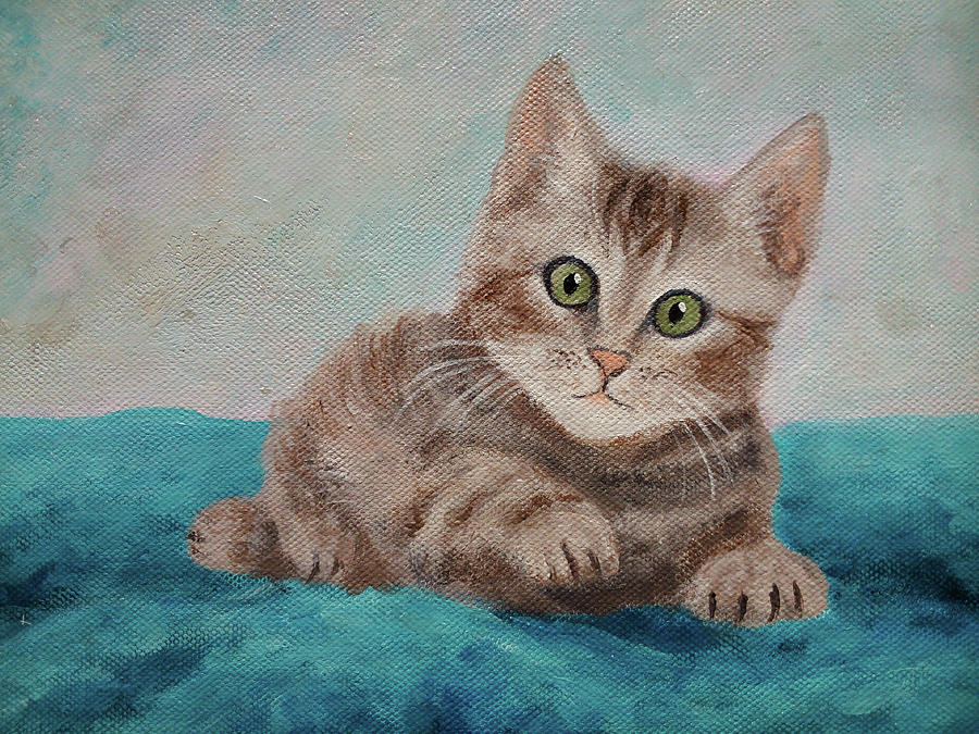 Cute Tabby Kitty Painting, Lying on a Blue Blanket, Little Cat Art Painting by Aneta Soukalova