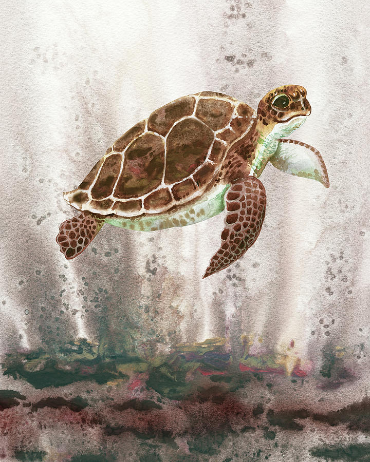 Cute Little Turtle Beige And Gray Sea Watercolor  Painting by Irina Sztukowski