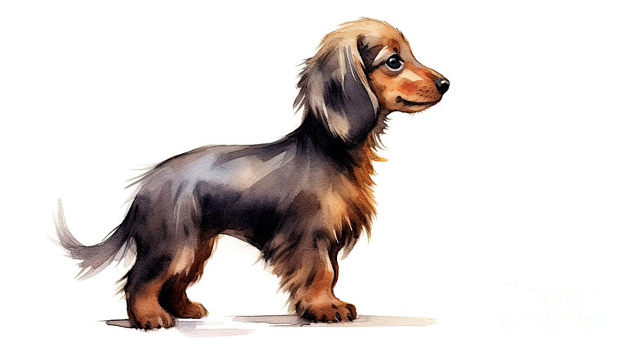 Cute long haired dachshund side view, isolated on white background. Digital watercolour illustration. Photograph by Jane Rix