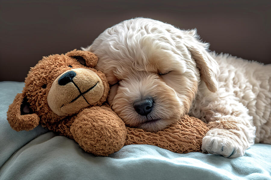 Cute Maltipoo Puppy Sleeping with His Teddy Bear Photograph by Jim Vallee