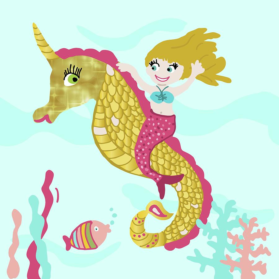 Cute mermaid riding on a unicorn seahorse fun and happy artwork for kids Mixed Media by