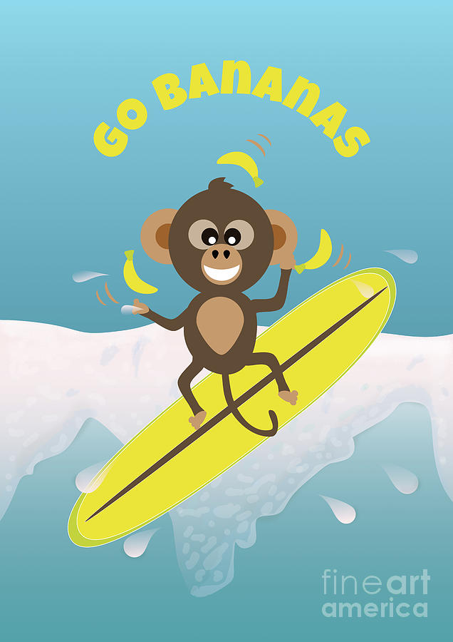 Cute Monkey Juggling Bananas Whilst Surfing On a Wave Digital Art by Barefoot Bodeez Art