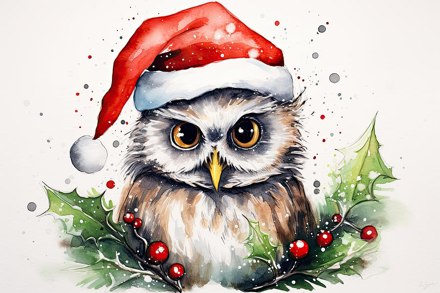 Christmas Owl Painting - Cute Owl Santa by Lourry Legarde