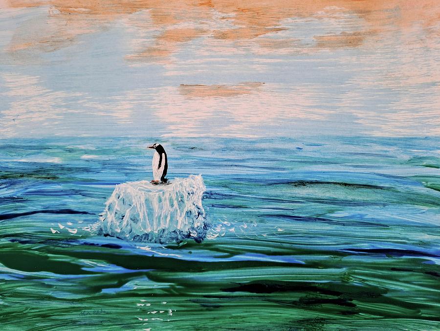 Animal Painting - Cute penguin chilling on an iceberg by Lucia Waterson