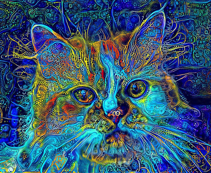 Cute Persian cat with blue and cyan colorful patterns Digital Art by Nicko Prints