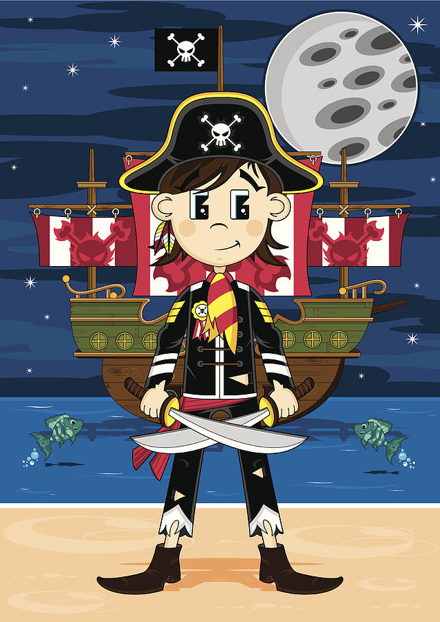 Cute Pirate Captain and Ship Beach Scene Drawing by MarkM73