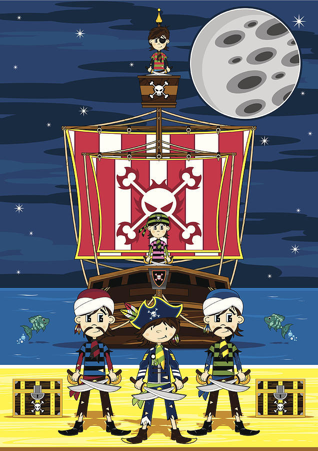 Cute Pirates and Ship Beach Scene Drawing by MarkM73