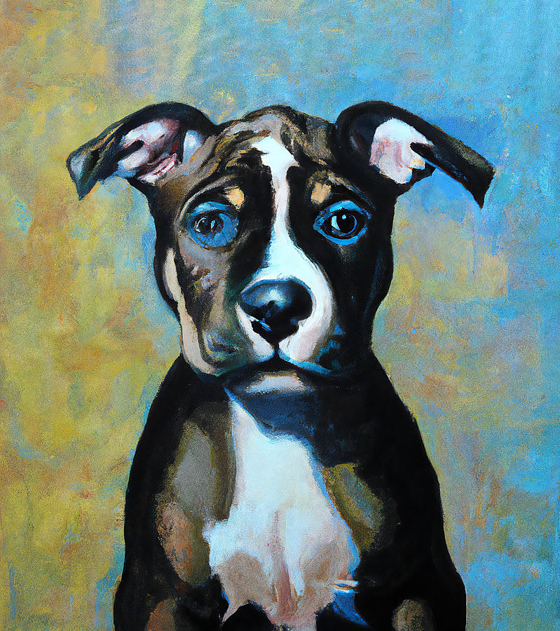 Cute Pitbull Puppy Dog Portrait - Black And White Pittie Painting by ...