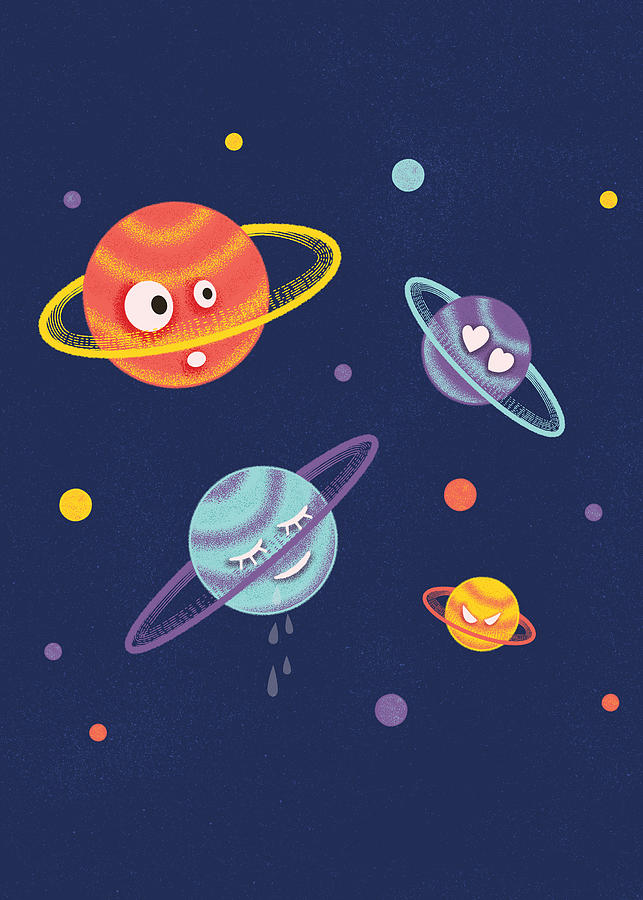 Cute Planets Cartoon Space Digital Art by Boriana Giormova