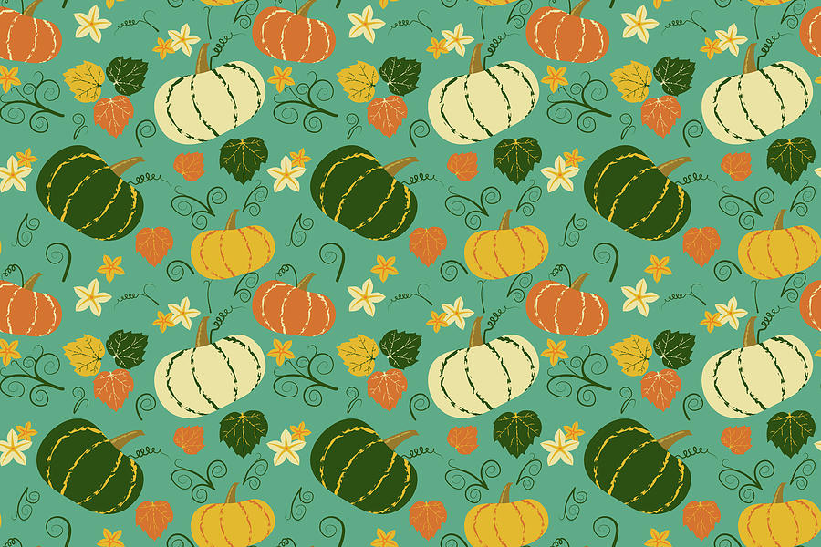 Cute Pumpkins And Leaves Seamless Pattern. Vegetable Autumn Background. Drawing