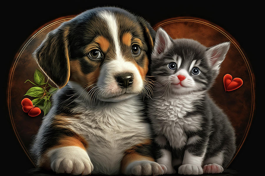 Cute Puppy and Kitten showing their love Digital Art by Jim Vallee
