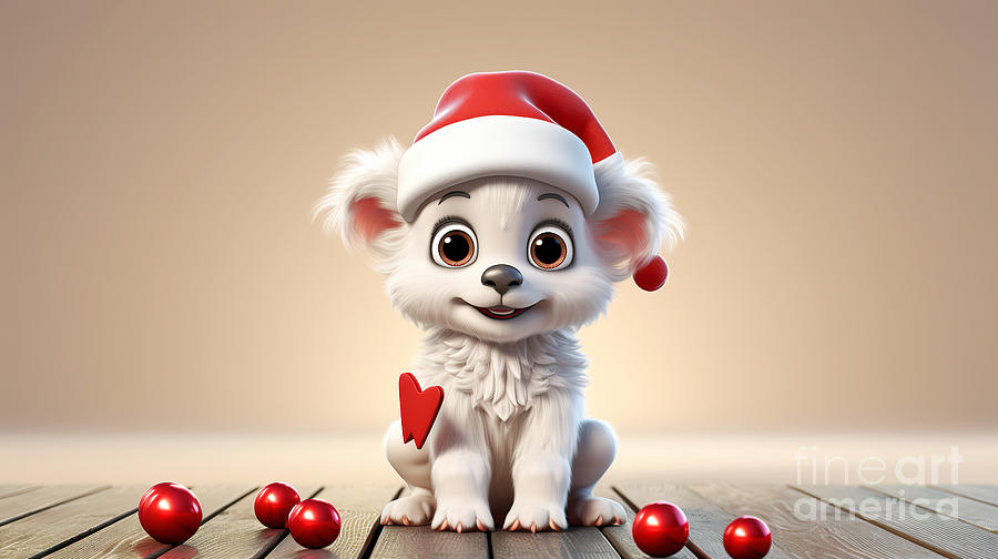 Cute puppy in Santa hat and red Christmas tree with decorations  Digital Art by Odon Czintos