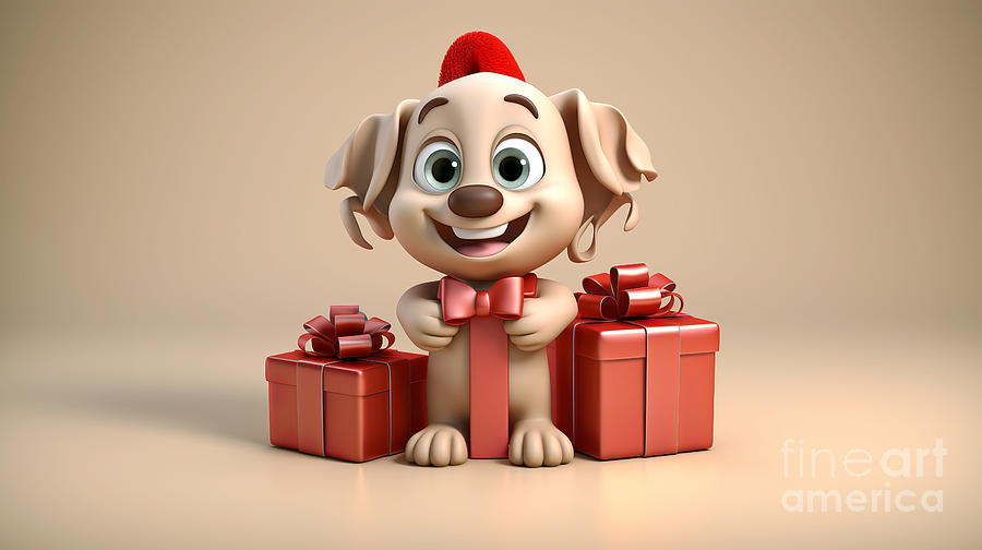 Cute puppy with red bow and two gift boxes in front of isolated background  Digital Art by Odon Czintos