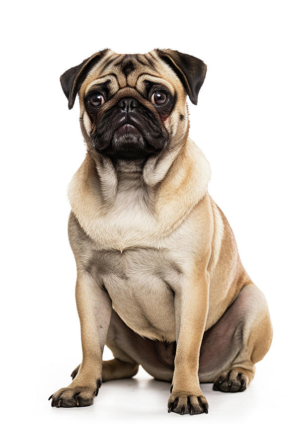 Animal Photograph - Cute Purebred Pug Dog Looking at Camera on White Background by Good Focused