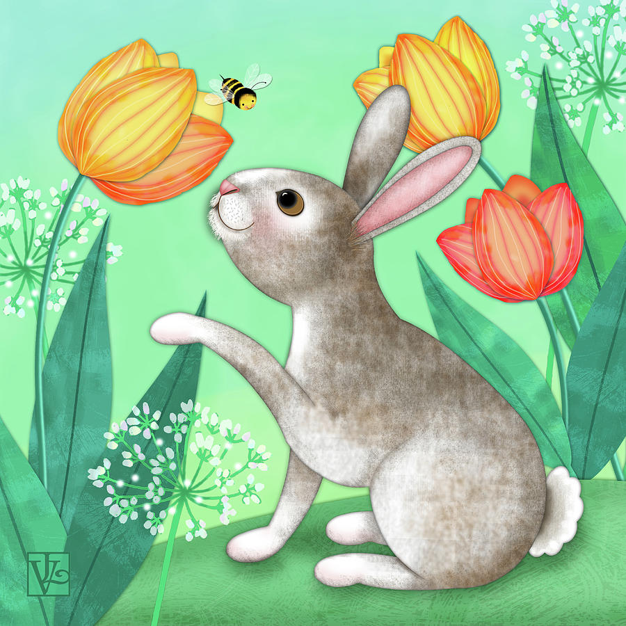 Cute Rabbit with Tulips Digital Art by Valerie Drake Lesiak