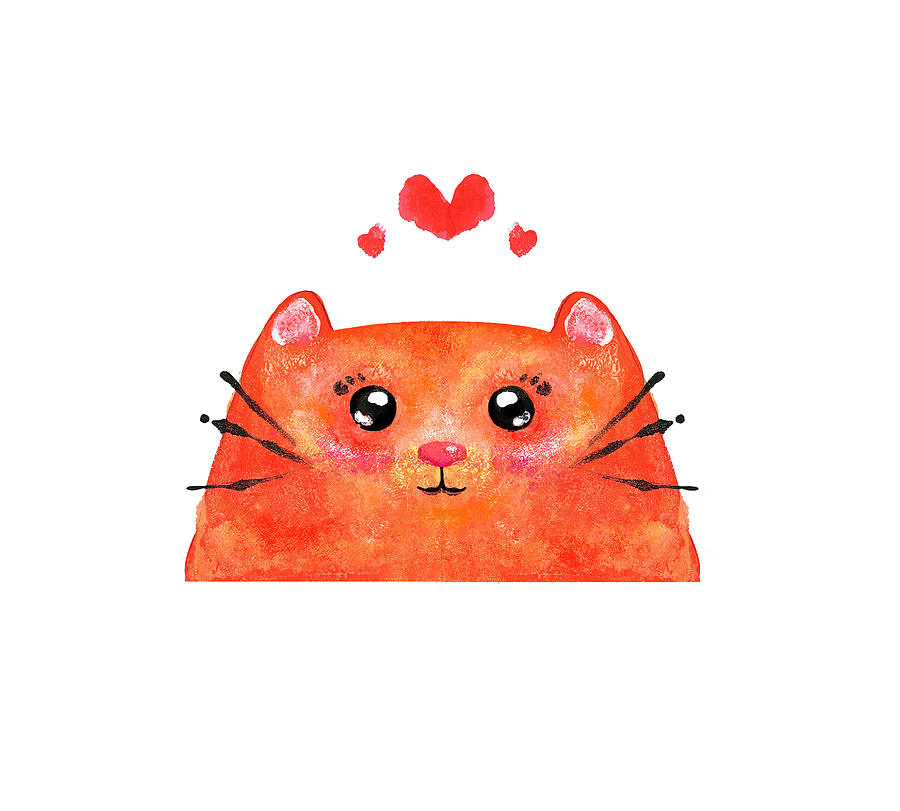 Cat Drawing - Cute red cat with hearts by Anastasiya Protosovitskaya